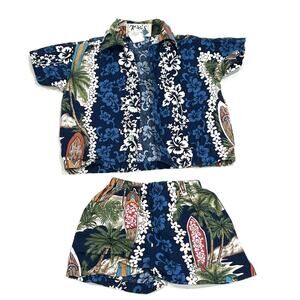 KYS HAWAII Blue Hibiscus Surfboard Palm Tree Print Button Down Shirt & Shorts